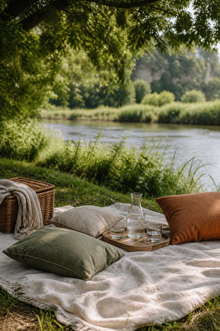 Installation de pique-nique chic au bord d’une rivière avec coussins et panier en osier