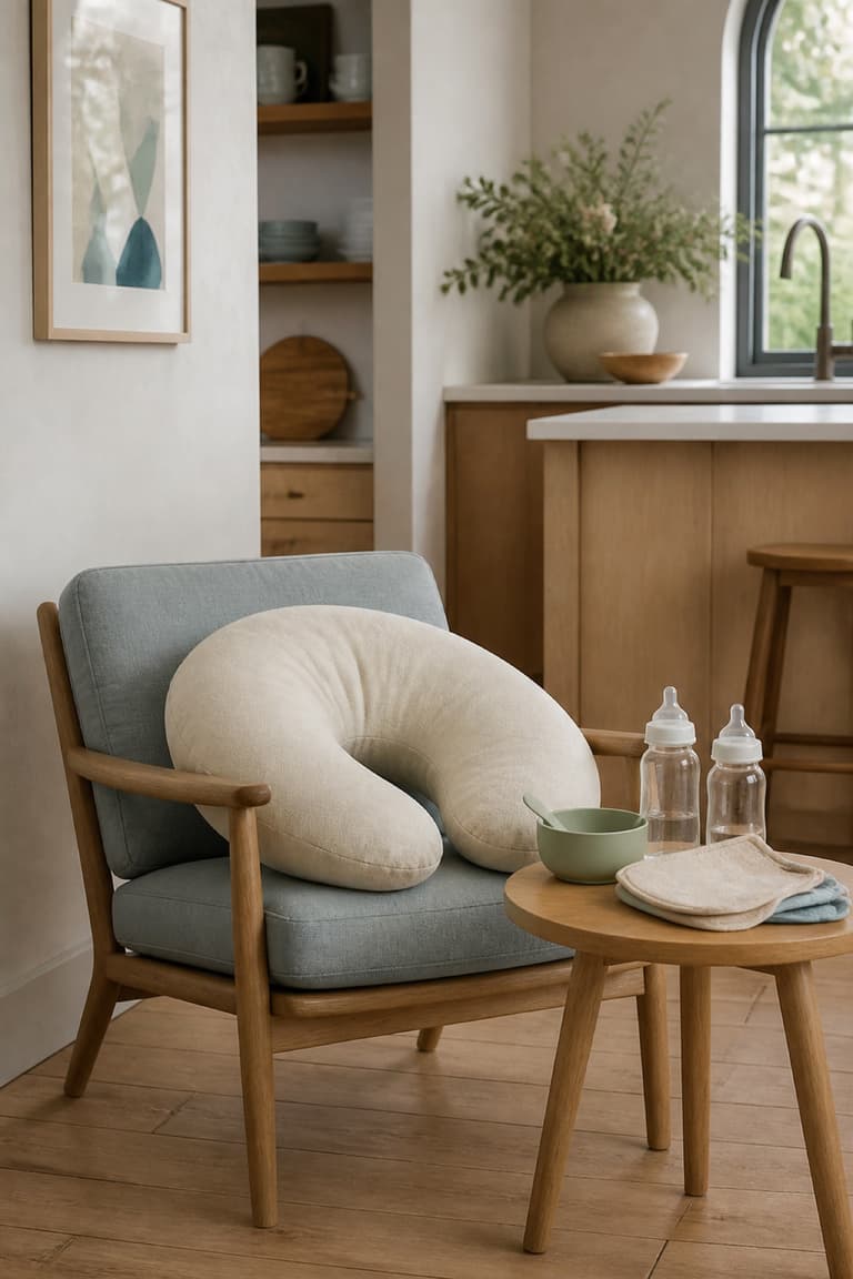 Coin repas avec coussin d’allaitement et accessoires pour bébé
