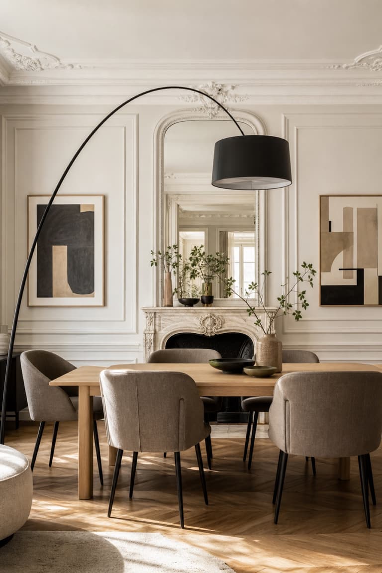 salle à manger avec table en chêne clair, chaises taupe, cheminée blanche et grand miroir