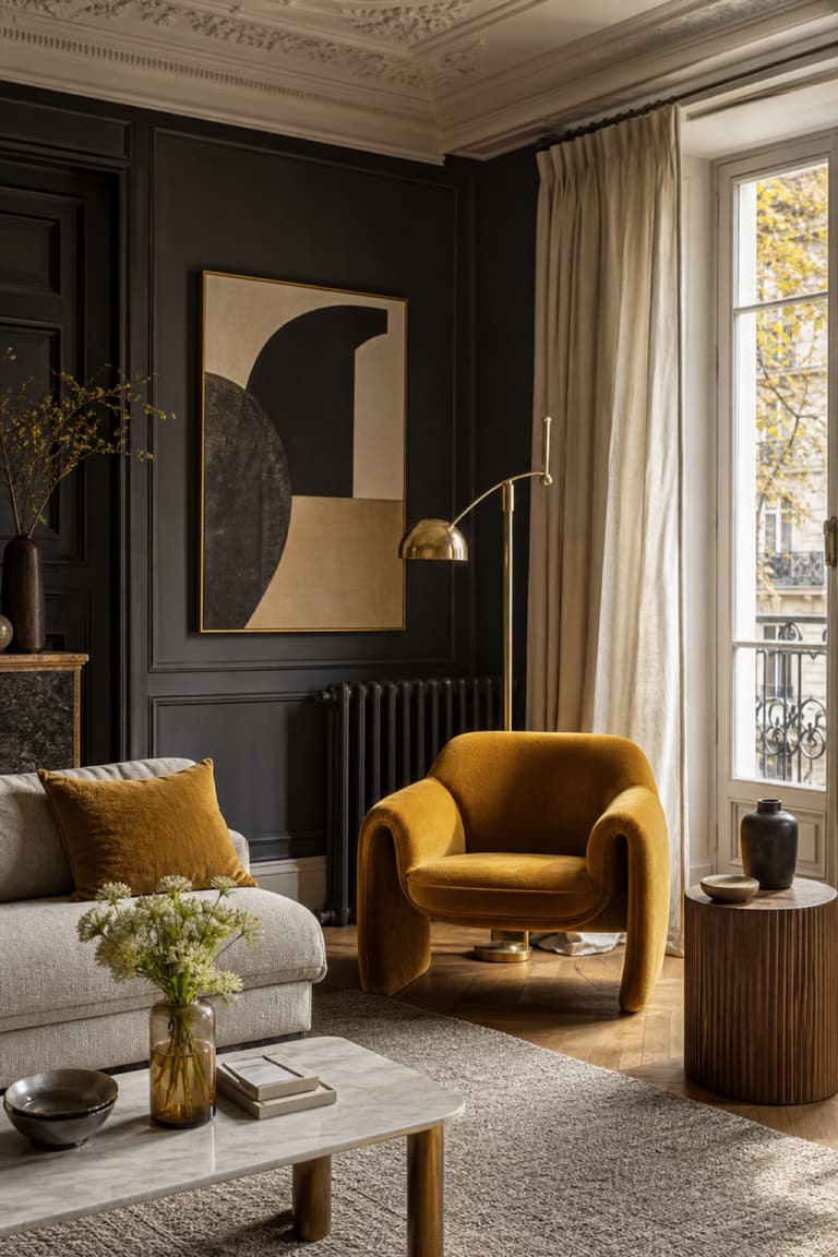 Salon parisien avec mur anthracite, fauteuil jaune moutarde, textiles écrus et détails en laiton.