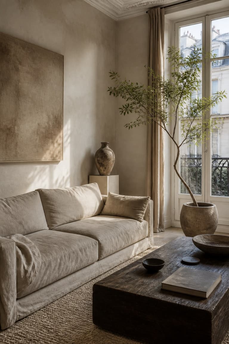 Salon aux tons beige avec canapé, table basse sombre et plantes devant une fenêtre