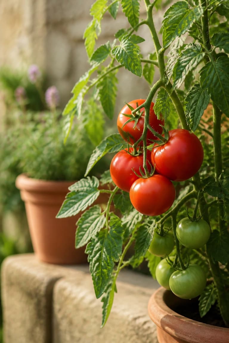 Tomates rouges et vertes mûrissant sur un plant dans un pot en terre cuite