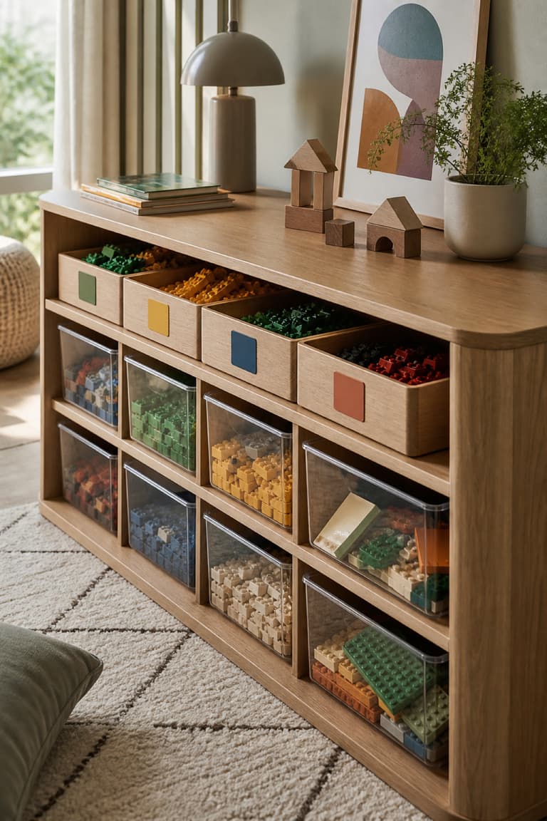 Meuble en bois avec boîtes transparentes pour trier les briques LEGO par couleur.