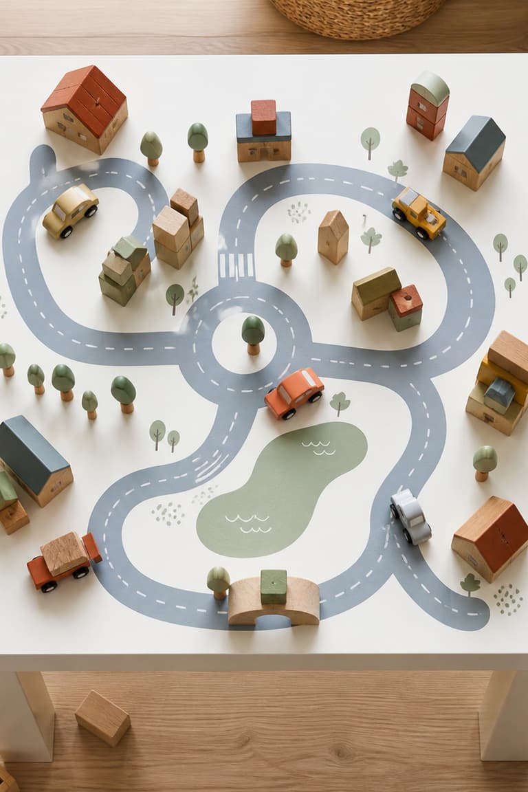 Autocollants représentant une route et des voitures sur une table Lack IKEA