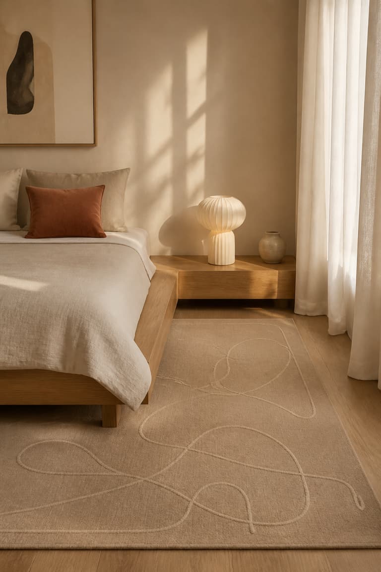 Chambre lumineuse avec tapis beige au motif abstrait et mobilier en bois clair