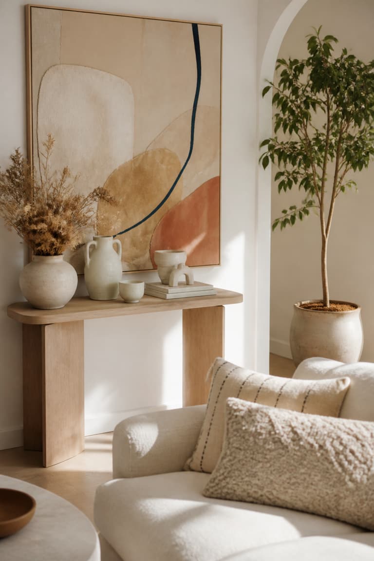 Console en bois clair avec tableau abstrait coloré et vase sculptural