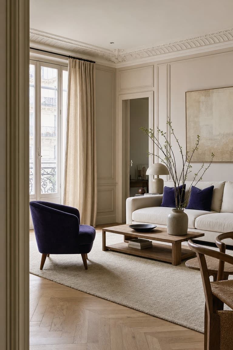 Salon violet profond associé au blanc cassé, au lin et au beige.