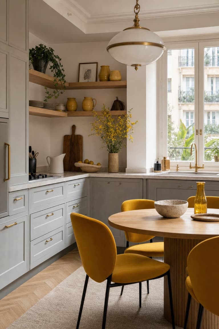 Cuisine contemporaine avec meubles gris, chaises jaune moutarde, bois clair et touches de laiton.