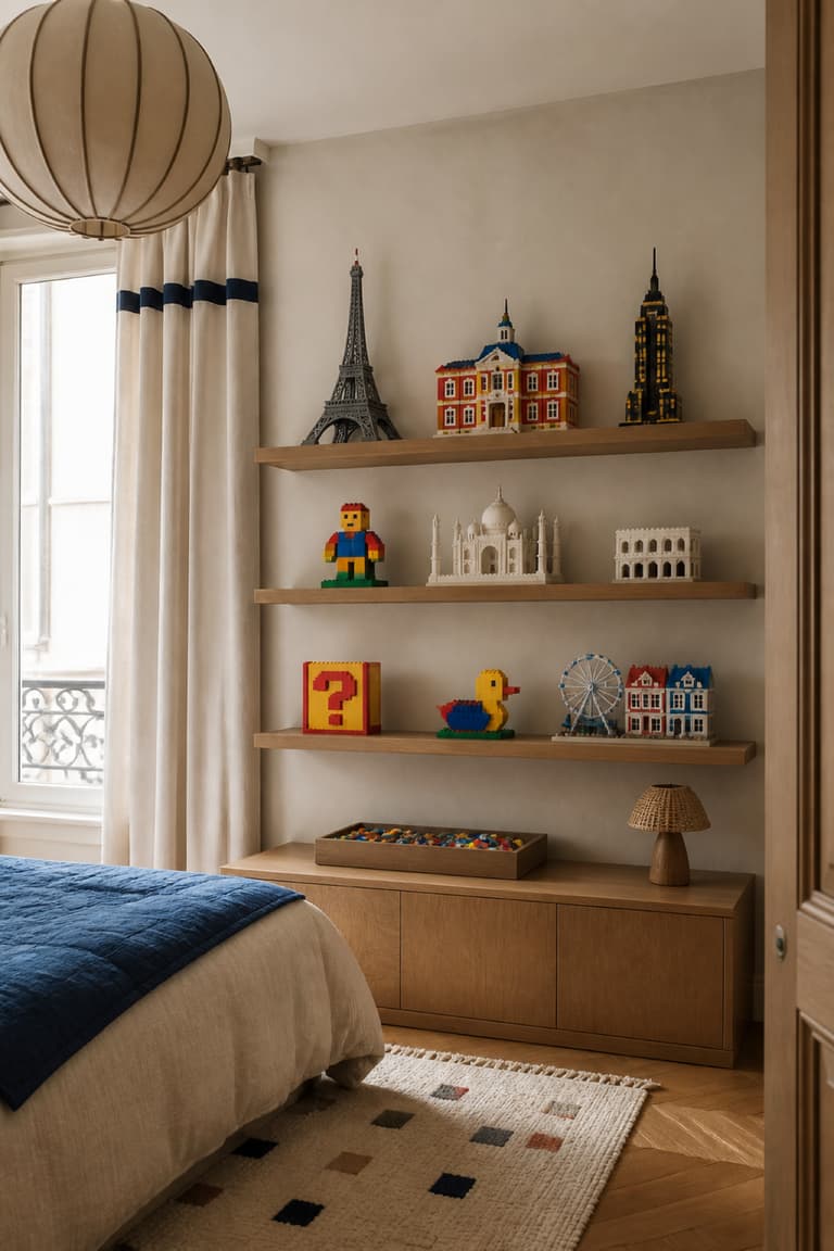Étagères en bois présentant des constructions LEGO dans une chambre d’enfant.