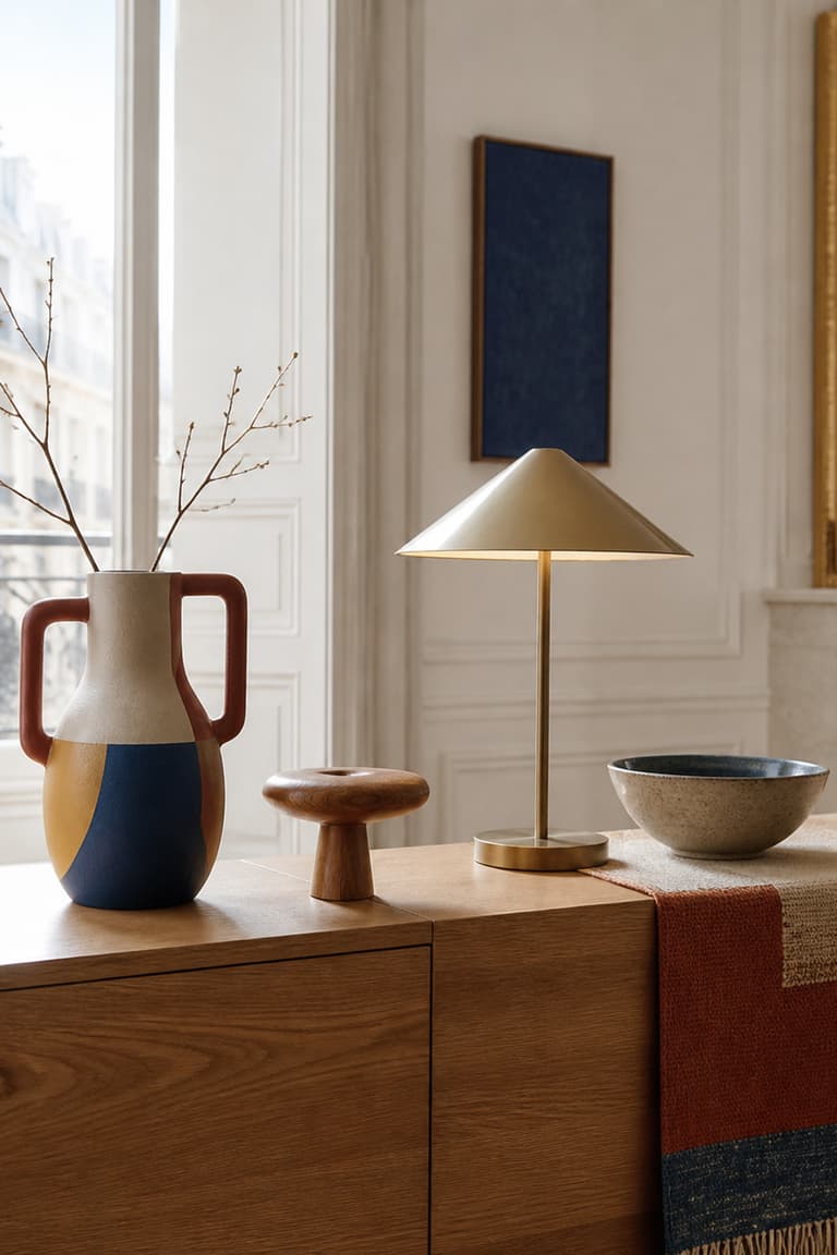 Sélection d’objets décoratifs aux couleurs douces dans un intérieur parisien
