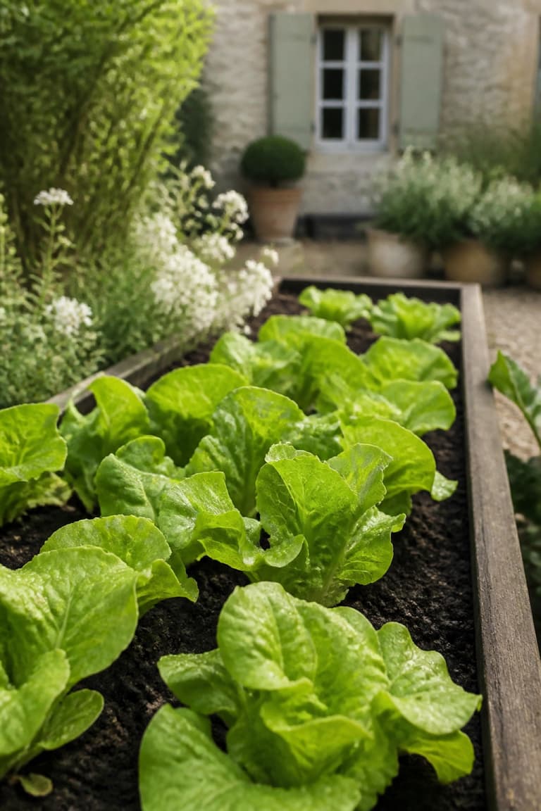Jeunes laitues vertes plantées dans une jardinière de potager