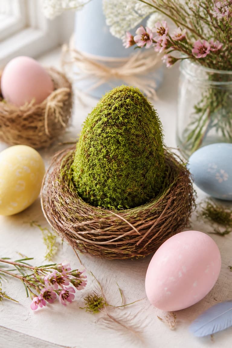 Œuf de Pâques recouvert de mousse installé dans un nid naturel avec des fleurs printanières