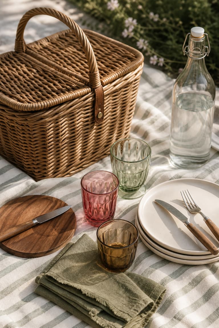 Vaisselle réutilisable et paniers en osier sur une nappe en lin pour un pique-nique chic