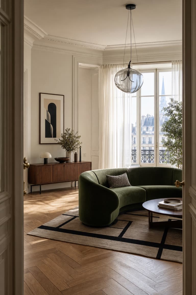 salon lumineux avec canapé vert, tapis graphique, meuble bas en noyer et grandes fenêtres