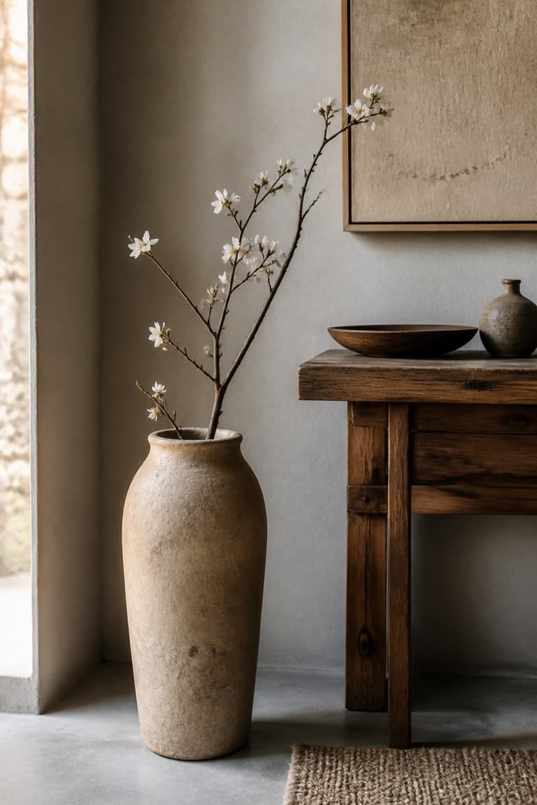 Grande branche fleurie dans un vase en céramique posé près d’une table en bois