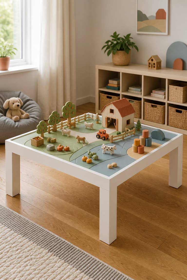 Table Lack IKEA transformée en table de jeu Playmobil pour une chambre d’enfant
