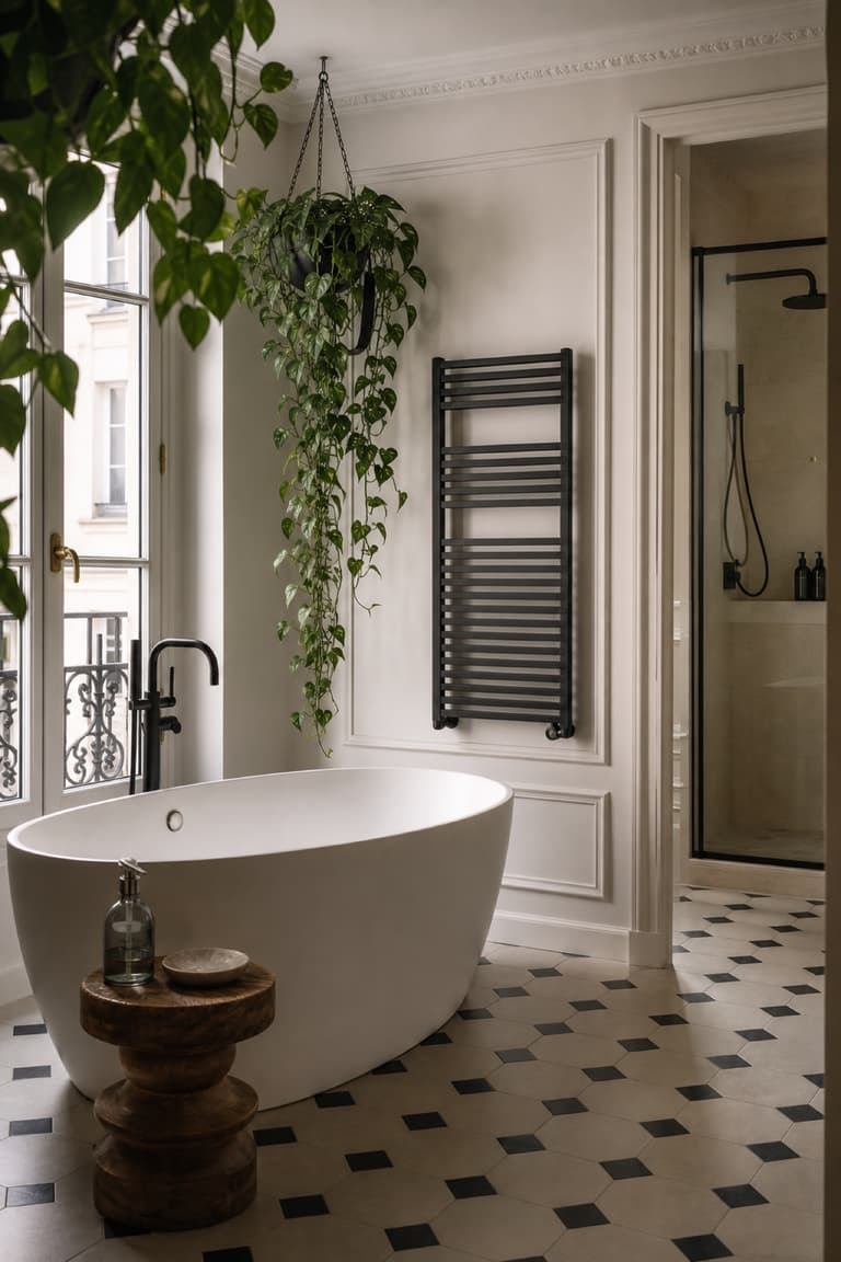 salle de bains avec baignoire blanche îlot, carrelage graphique noir et blanc et plantes suspendues