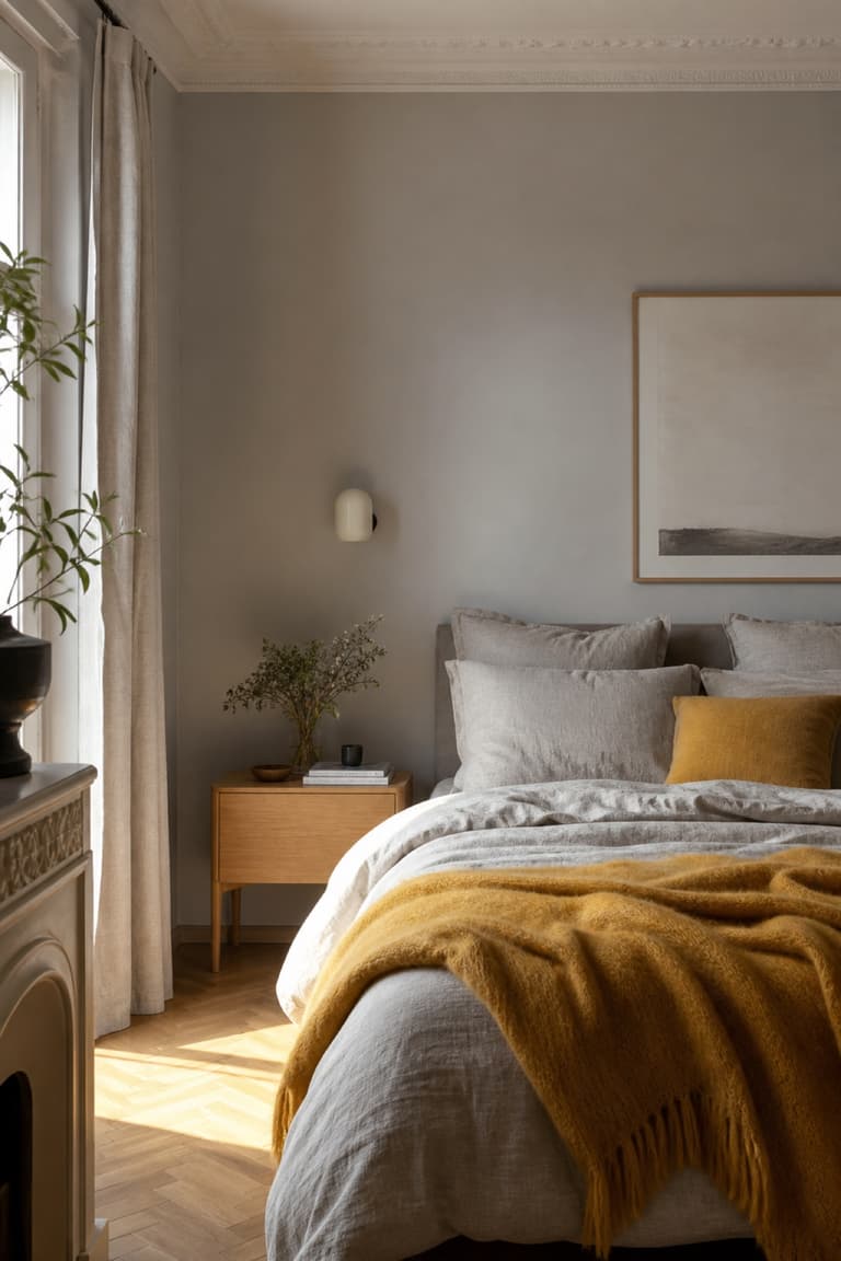 Chambre douce avec murs gris chauds, linge de lit écru et plaid jaune moutarde.