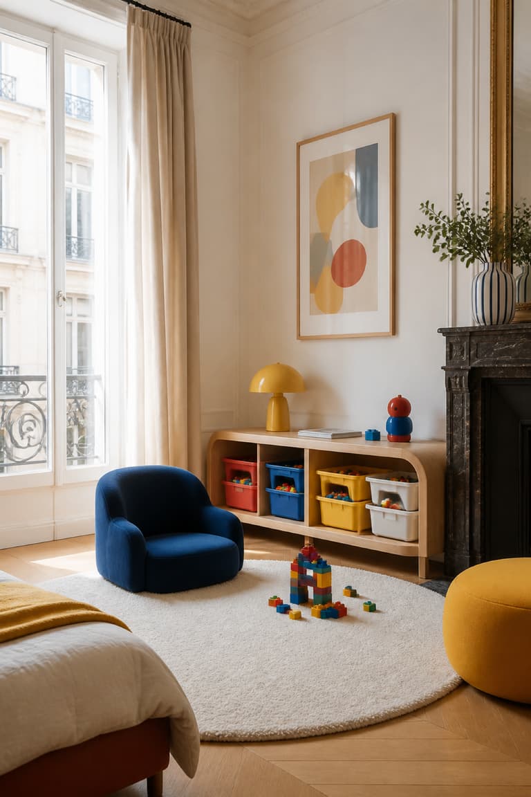 Coin jeu sécurisé avec tapis, fauteuil enfant et rangements LEGO accessibles.