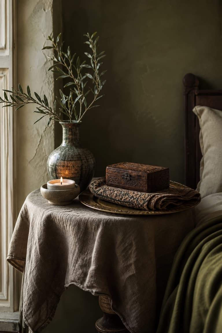 Table d’appoint décorée de lin, céramique, bougie et objet inspiré du voyage
