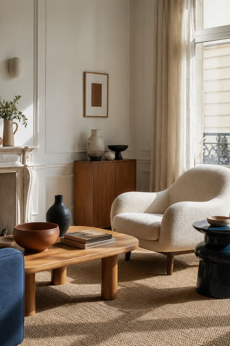 Salon parisien élégant avec mobilier en bois et objets décoratifs artisanaux