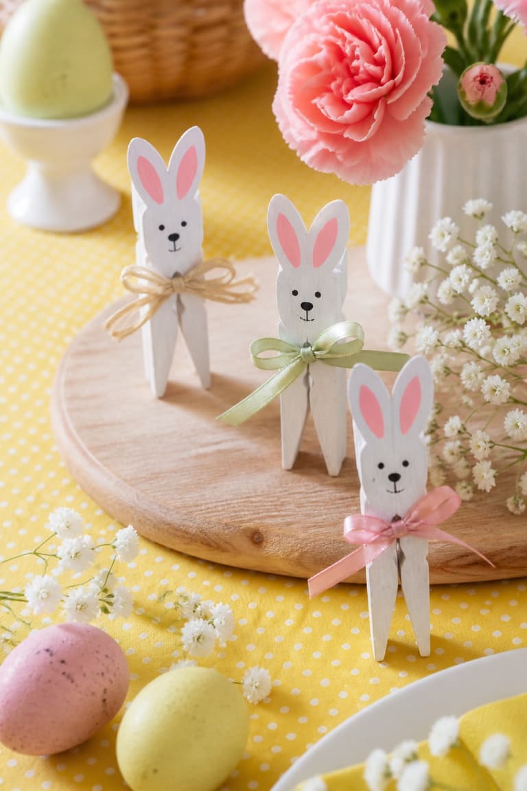 Petits lapins blancs fabriqués avec des pinces à linge et des rubans pastel