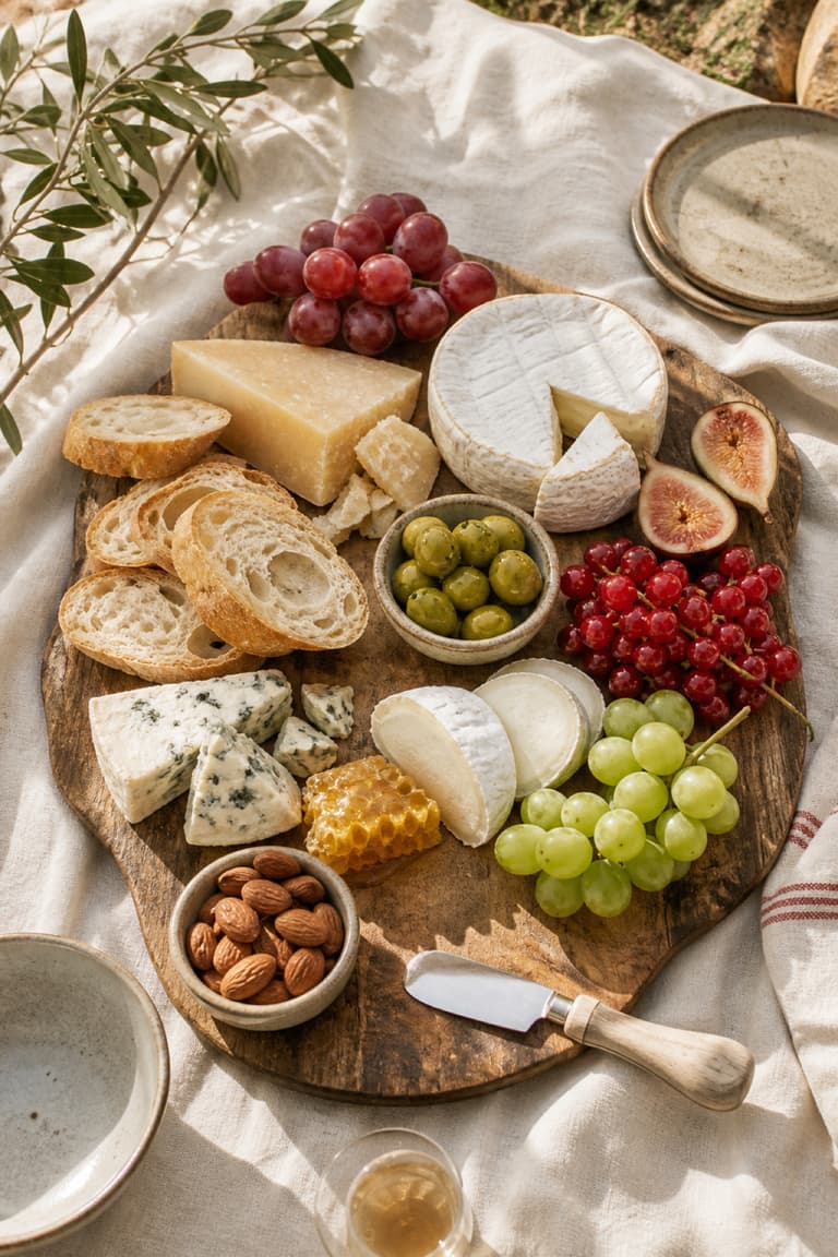 Plateau de fromages, fruits et pain préparé pour un pique-nique chic