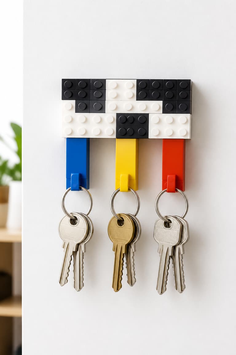 Porte-clés mural DIY composé de plaques en briques et de trois attaches colorées.