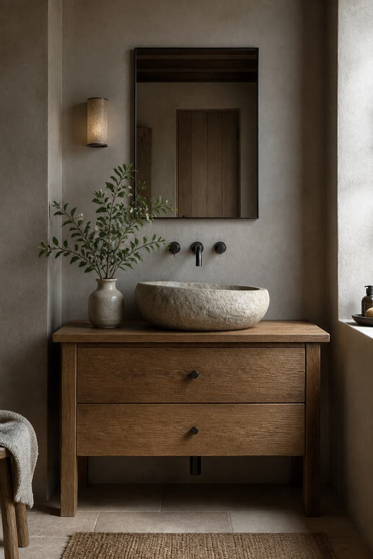 Meuble de salle de bains en bois avec vasque en pierre et fleurs fraîches