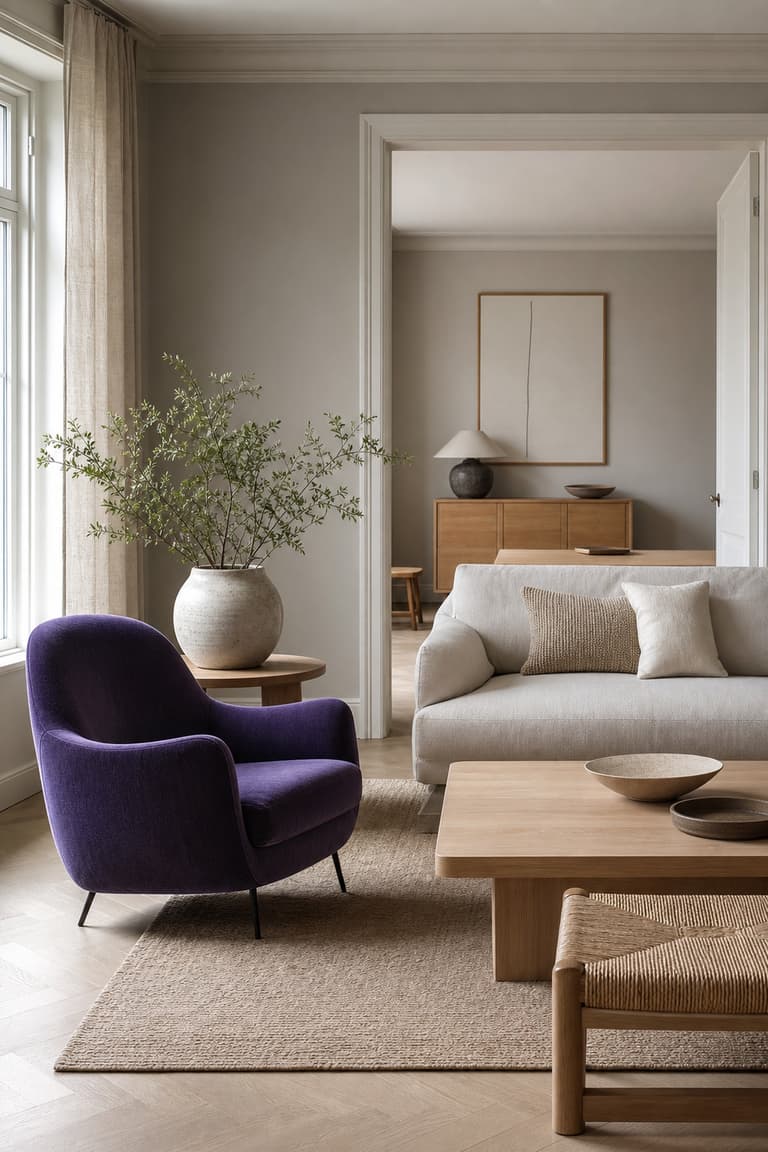 Fauteuil violet profond comme point focal dans un salon aux tons gris et bois clair.