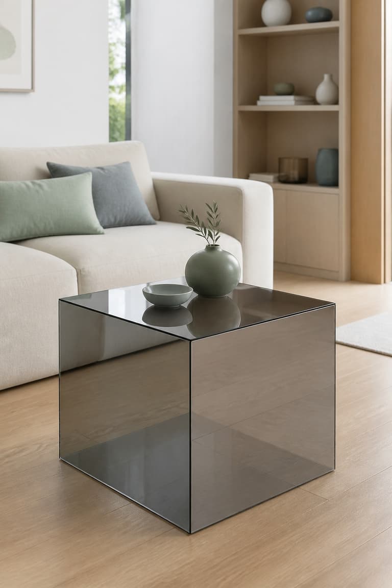 Table Lack transformée en table basse transparente effet miroir