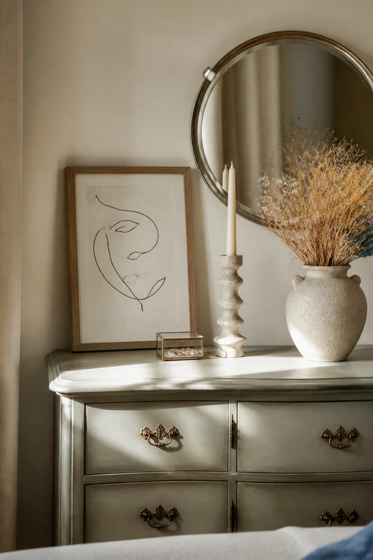 Commode claire avec tableau abstrait inspiré d’un visage et vase décoratif