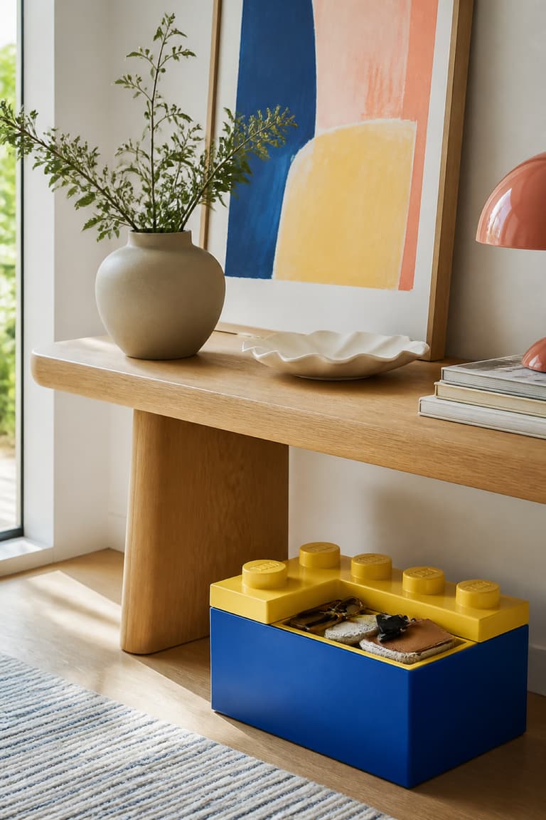 Grande boîte de rangement en forme de brique LEGO dans une entrée contemporaine.