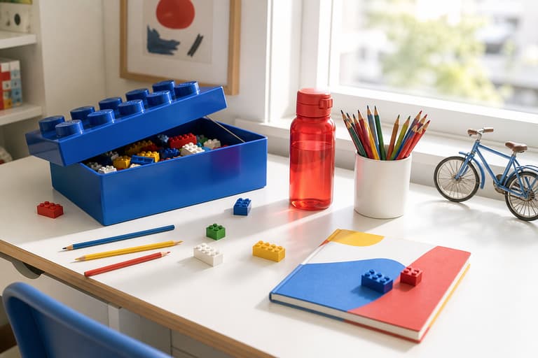 Bureau d’enfant près d’une fenêtre avec boîte bleue ouverte, bouteille rouge et crayons de couleur.