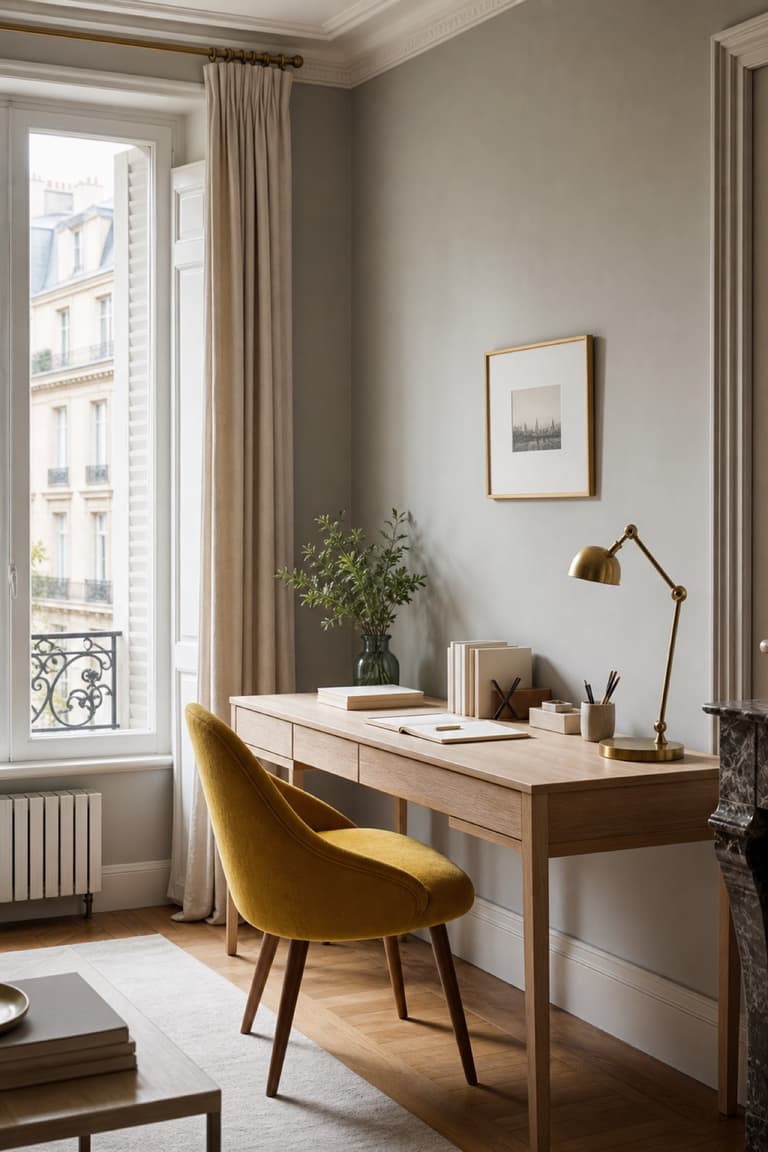 Bureau lumineux avec mur gris clair, fauteuil jaune moutarde, bois clair et lampe en laiton.