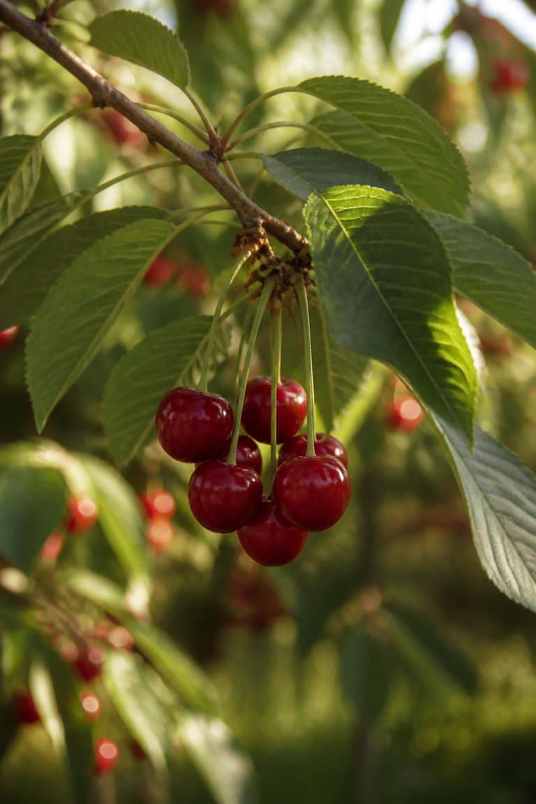 Grappe de cerises rouges suspendues à une branche de cerisier