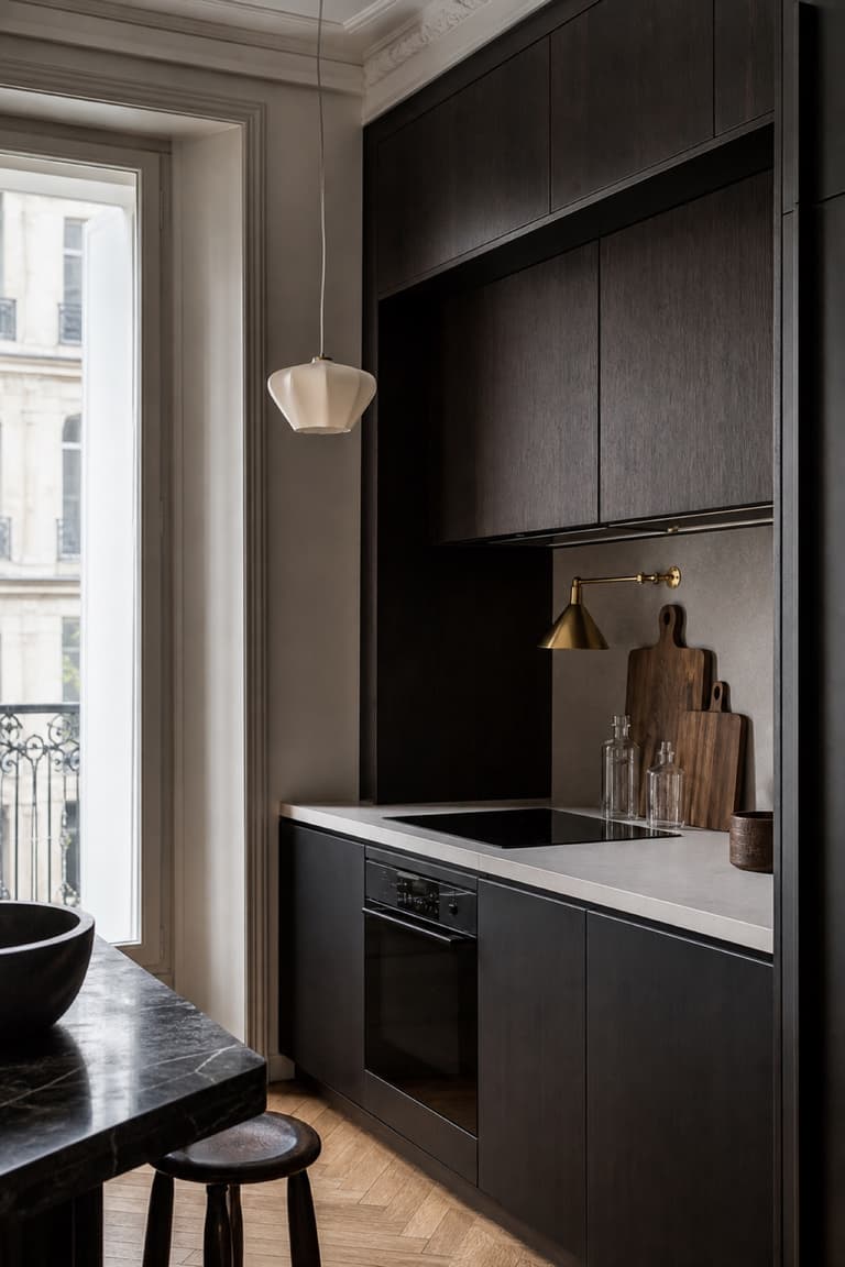 cuisine noire et noyer avec plan de travail clair, électroménager intégré et parquet en chevrons
