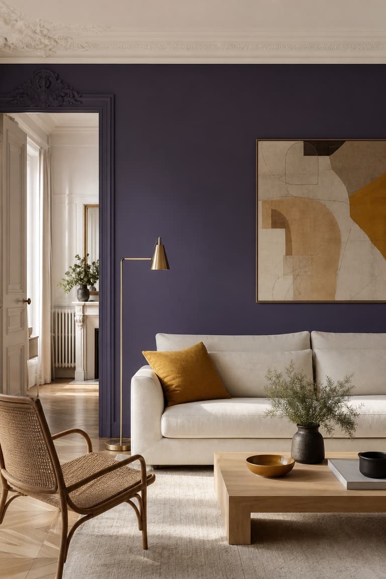 Salon violet profond avec coussin jaune moutarde et lampe en laiton.