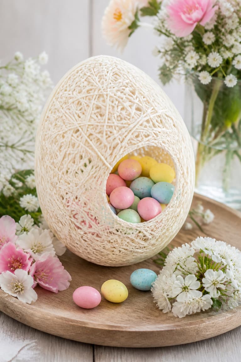Grand œuf décoratif en ficelle avec des petits chocolats pastel sur un plateau en bois