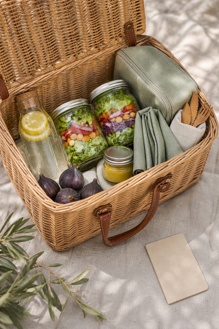 Panier de pique-nique organisé avec bocaux en verre, serviettes et boissons