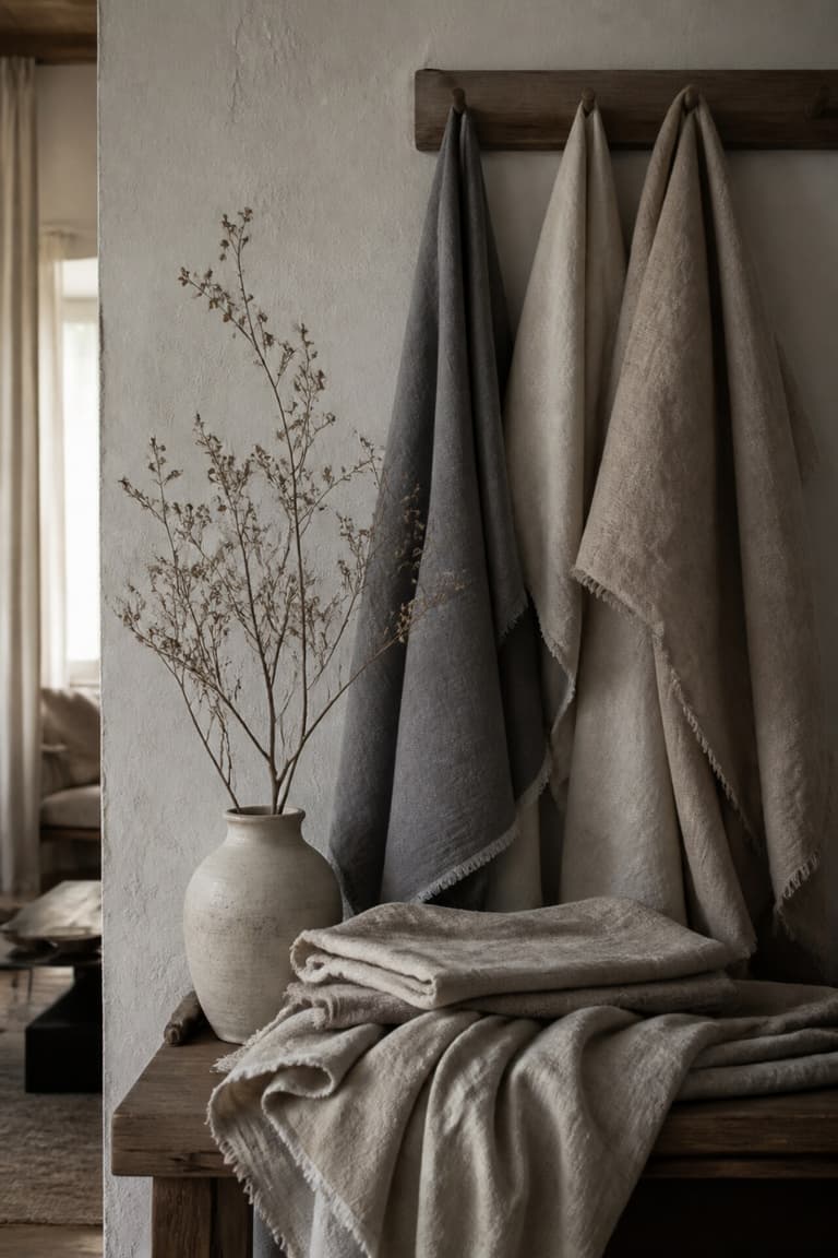 Plaids en lin gris et beige suspendus au-dessus d’un vase en céramique