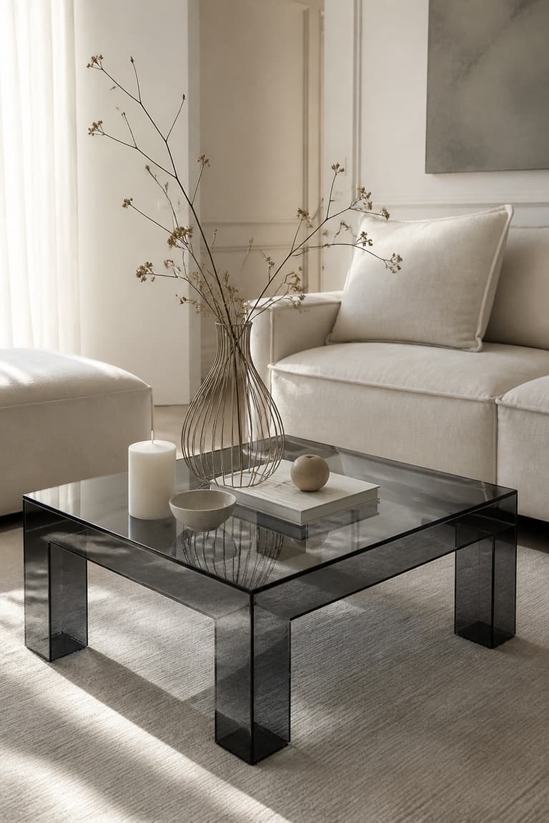 Détail d’une table Lack avec plateau miroir fumé et bougie