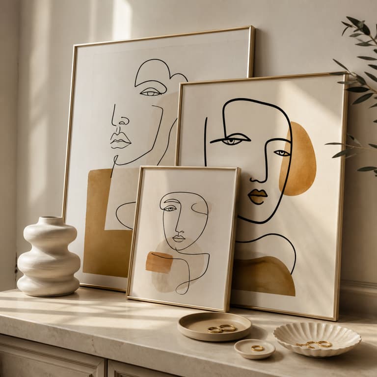 Composition de cadres champagne présentant des portraits abstraits sur un mur clair