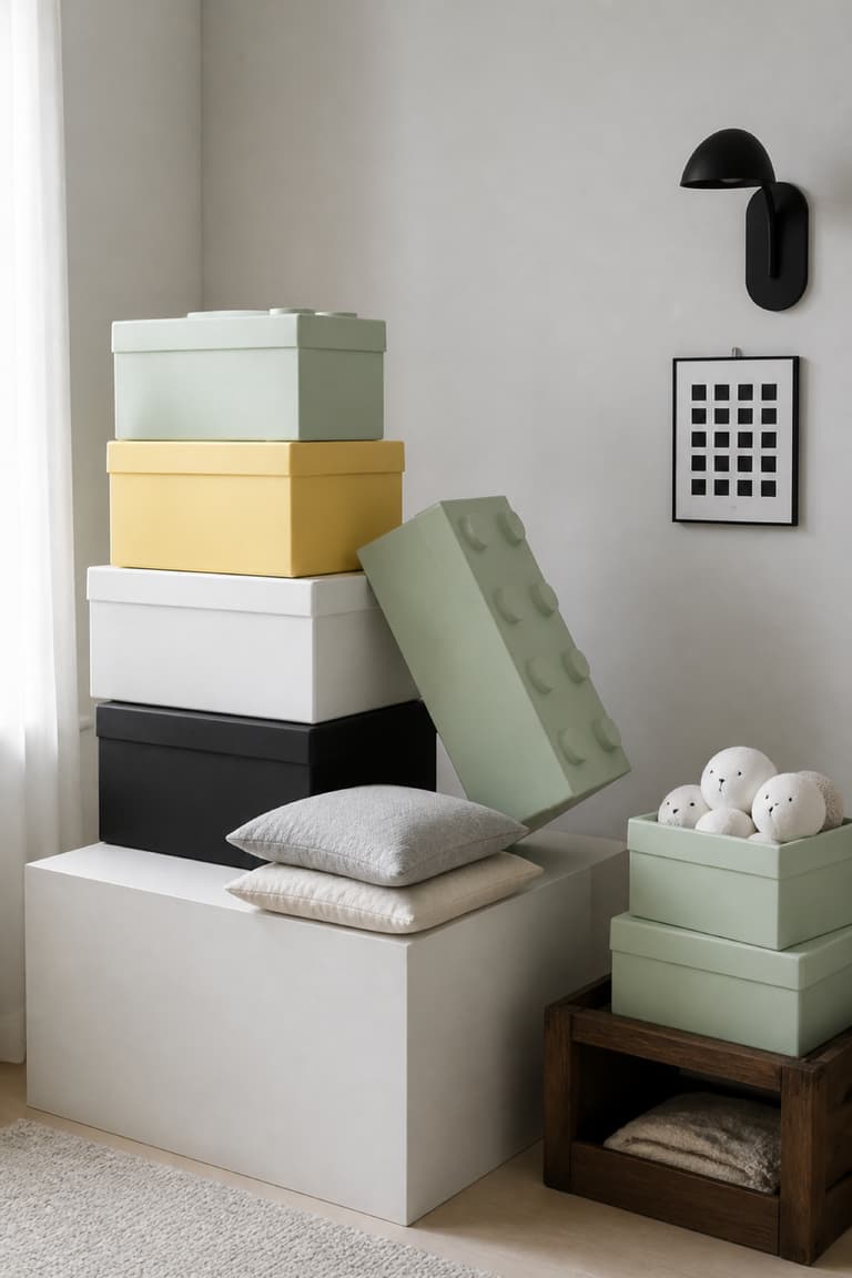 Boîtes de rangement empilées dans une palette noire, blanche, jaune et vert amande.