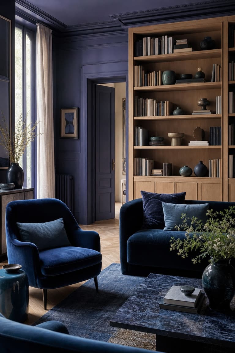 Salon bibliothèque en camaïeu de violet profond, bleu paon et bleu nuit.