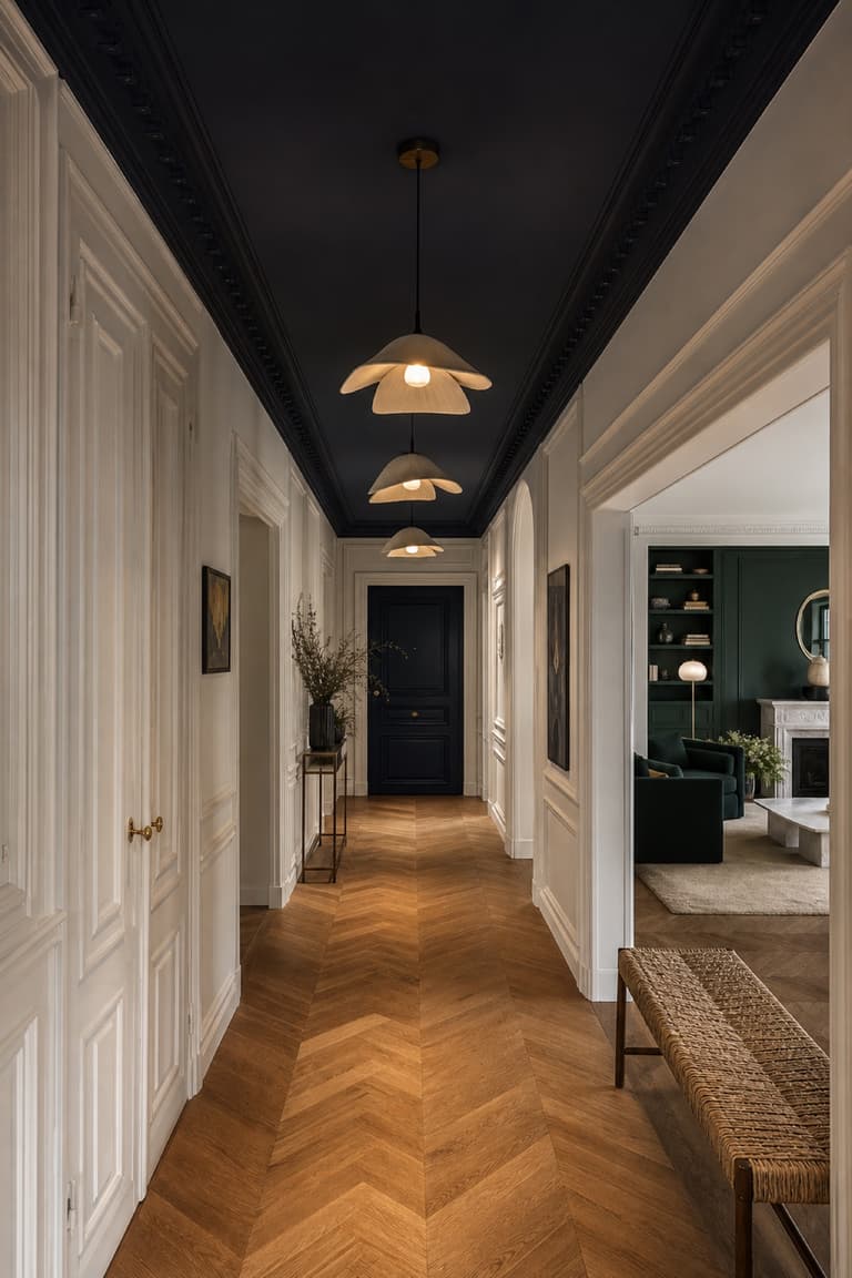 couloir avec plafond bleu nuit, boiseries blanches, parquet en chevrons et banquette tressée