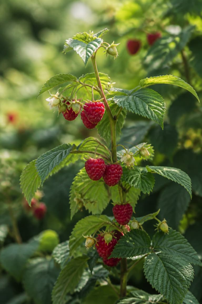 Framboises rouges mûres sur un framboisier dans un jardin