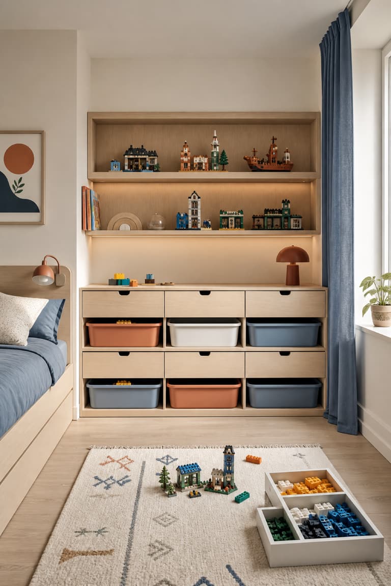 Mur de rangement avec tiroirs, bacs et constructions LEGO dans une chambre d’enfant.