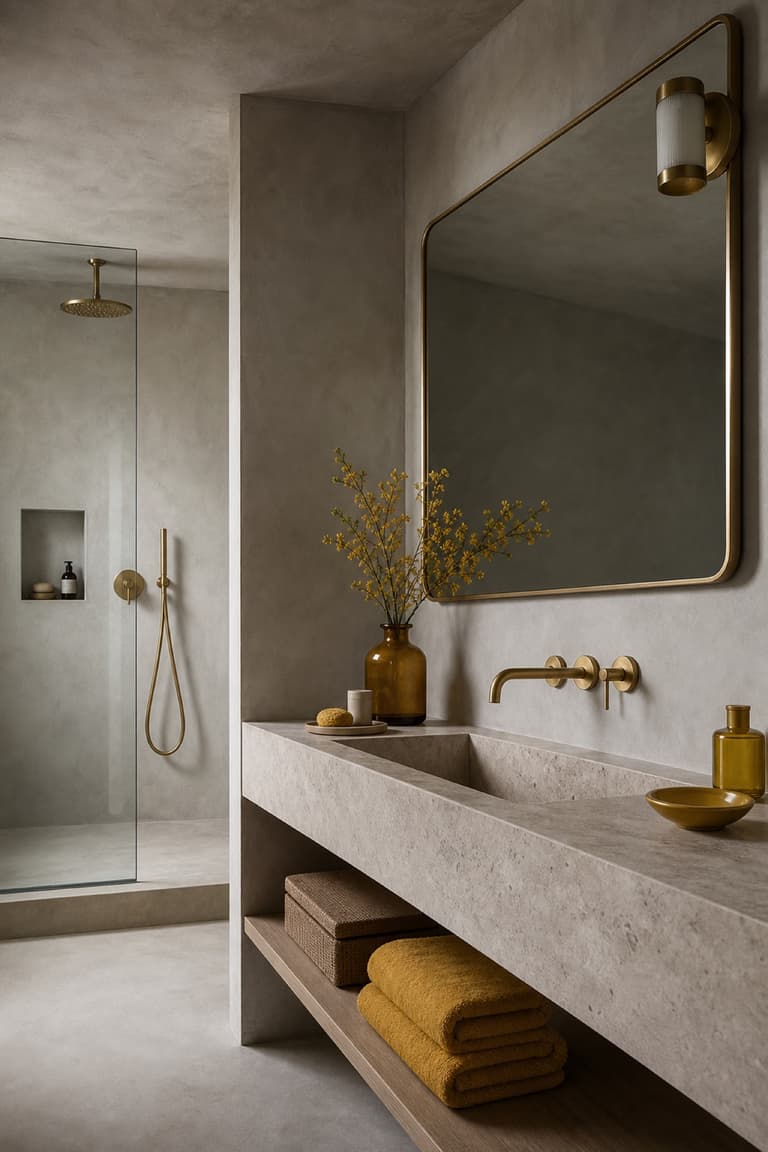 Salle de bains en béton ciré gris avec linge et accessoires jaune moutarde, miroir et robinetterie en laiton.