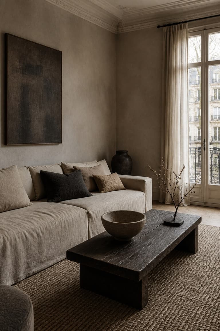 Salon aux murs gris avec canapé en lin, coussins texturés et table basse en bois